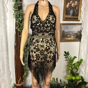 Cache Crochet Halter Mini Dress Womens Small Black Excellent Fringe Hem